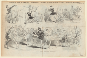 Eine Buchseite mit einer lebendigen Illustration einer Gruppe von Menschen, die im Einklang tanzen, begleitet von begleitendem Text, der das Datum, die Uhrzeit und den Ort des Ereignisses beschreibt.