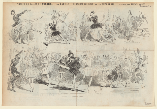 Eine Buchseite mit einer lebendigen Illustration einer Gruppe von Menschen, die im Einklang tanzen, begleitet von begleitendem Text, der das Datum, die Uhrzeit und den Ort des Ereignisses beschreibt.