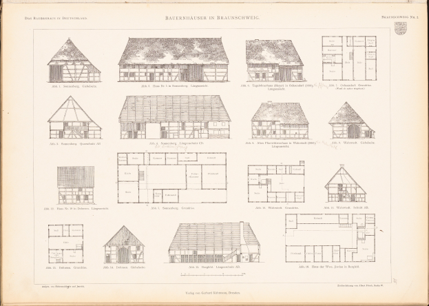 Ein offenes altes Buch mit Architekturhausplänen und Zeichnungen, mit begleitendem Text, der die Entwürfe beschreibt.