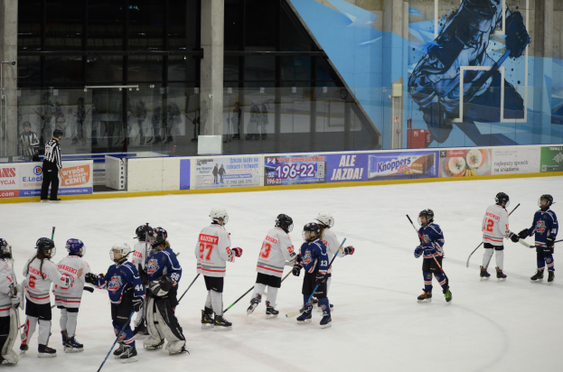 Eine Gruppe junger Menschen, die Eisockey auf einer Indoor-Eisfläche spielen, tragen Helme und halten Stöcke, mit einer Person, die links steht und Bannern, Säulen und Glaswänden im Hintergrund.