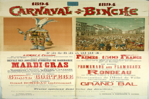 Ein Vintage-Plakat, das einen Karneval in Banche, Frankreich, ankündigt, mit Illustrationen von Menschen, Gebäuden und Text.