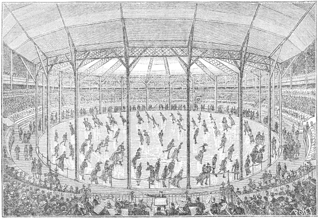 Schwarze und weiße Illustration einer vollen Arena, die ein Eishockeyspiel während der Olympischen Spiele in London, England, ausrichtet, mit sichtbaren Zuschauern und Spielern.