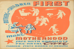 Plakat mit fetter weißer Schrift "Machen Sie die Mutterschaft mit ausreichender pränataler Betreuung sicher" auf einem hellblauen Hintergrund, das verschiedene lächelnde Menschen unterschiedlichen Alters, Geschlechts und Ethnien zeigt.