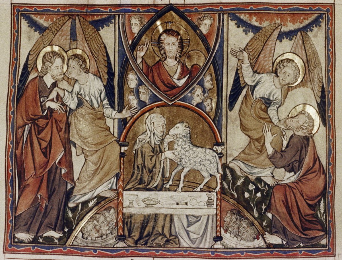 Illuminierte Handschriftenseite, die die Geburt Jesu und Maria Magdalena zeigt, mit einer Gruppe in traditioneller Kleidung um einen Tisch versammelt, der ein zentrales Schaf enthält.