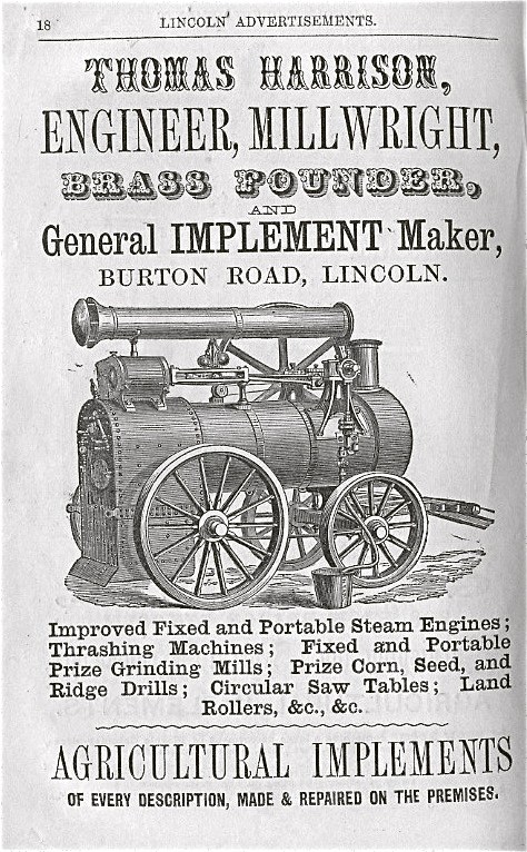 Anzeige für Thomas Harrison, Ingenieur, Mühlbauern, Messinghämmerer und Universalmaschinenbauer, mit einem Bild und beschreibendem Text.