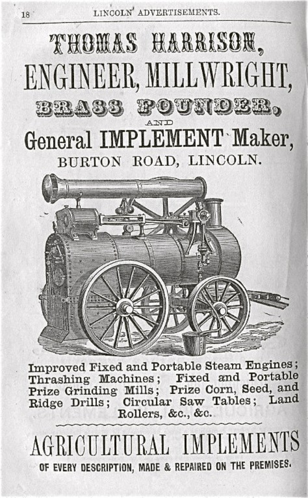 Anzeige für Thomas Harrison, Ingenieur, Mühlbauern, Messinghämmerer und Universalmaschinenbauer, mit einem Bild und beschreibendem Text.