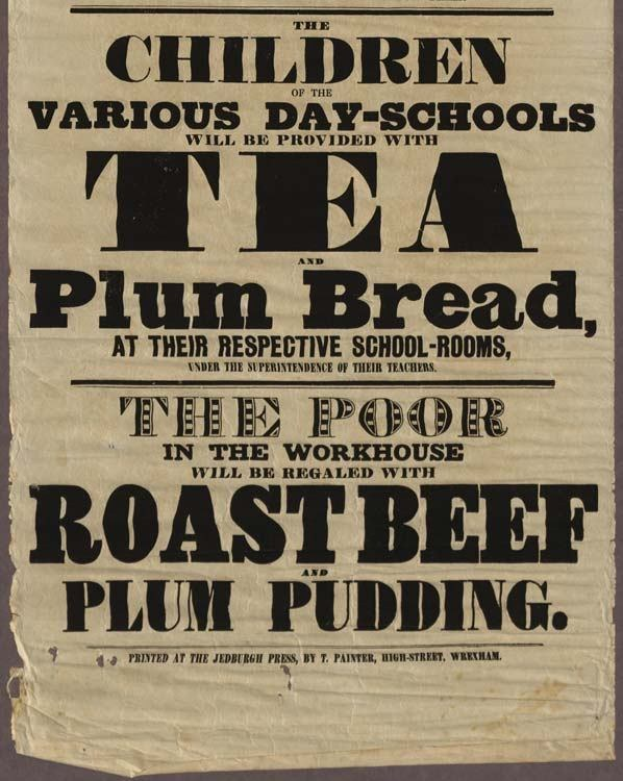 Ein Blatt, auf dem der Text 'Die Kinder der verschiedenen Tagesschulen werden mit Tee, Pflaumenbrot und Roastbeef und Pflaumenpudding versorgt.' steht.