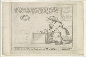 Eine Zeichnung einer Person, die vor einer Kiste steht und mit ängstlicher Miene nach oben schaut, mit dem Text "The Ghost of a Dollar or the Bankers Surprize" darüber.