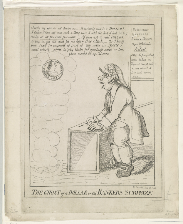 Eine Zeichnung einer Person, die vor einer Kiste steht und mit ängstlicher Miene nach oben schaut, mit dem Text "The Ghost of a Dollar or the Bankers Surprize" darüber.