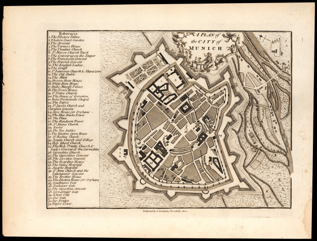 Ein alter Stadtplan von München, Deutschland, auf schwarzem Hintergrund, der Straßen, Gebäude und Sehenswürdigkeiten mit beschrifteten Text zeigt.