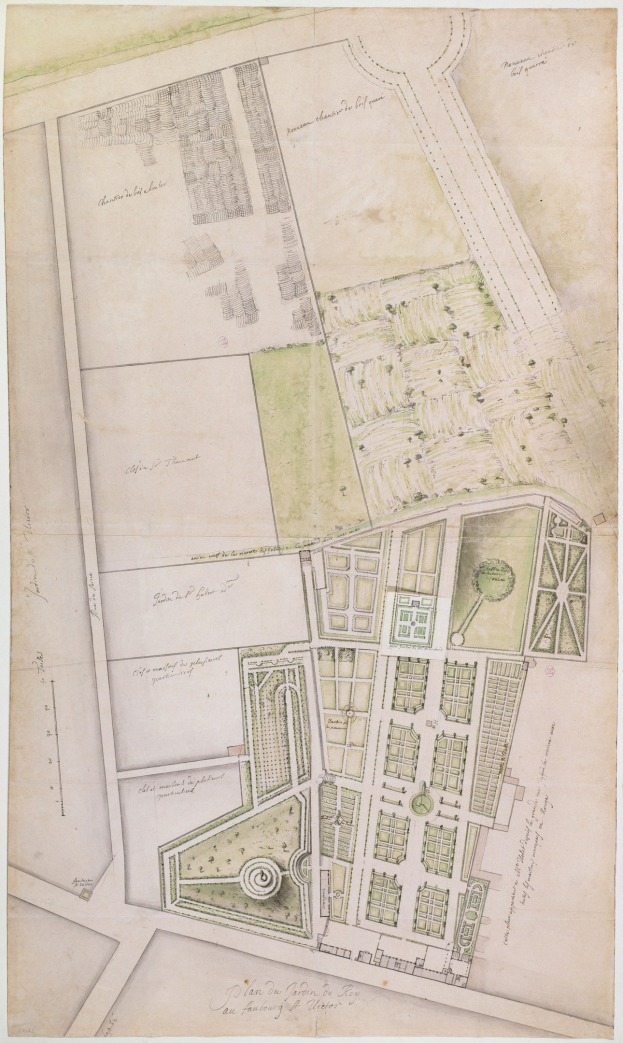 Ausführlicher Stadtplan auf Papier, der Gebäude, Bäume, Straßen, Parks und Sehenswürdigkeiten zeigt.