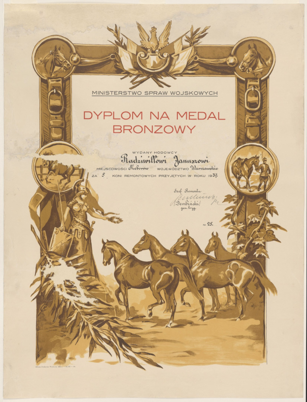 Plakat mit galoppierenden Pferden in einem Feld bei Sonnenuntergang mit der Aufschrift "Dyplom na Medal Bronzowy".