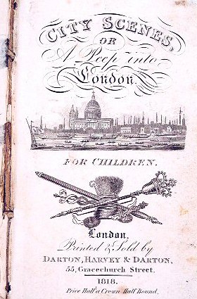 Altes Buch mit dem Titel "Stadtansichten oder ein Blick in London für Kinder" mit einer detaillierten Illustration eines lebhaften Stadtbilds auf dem Cover.
