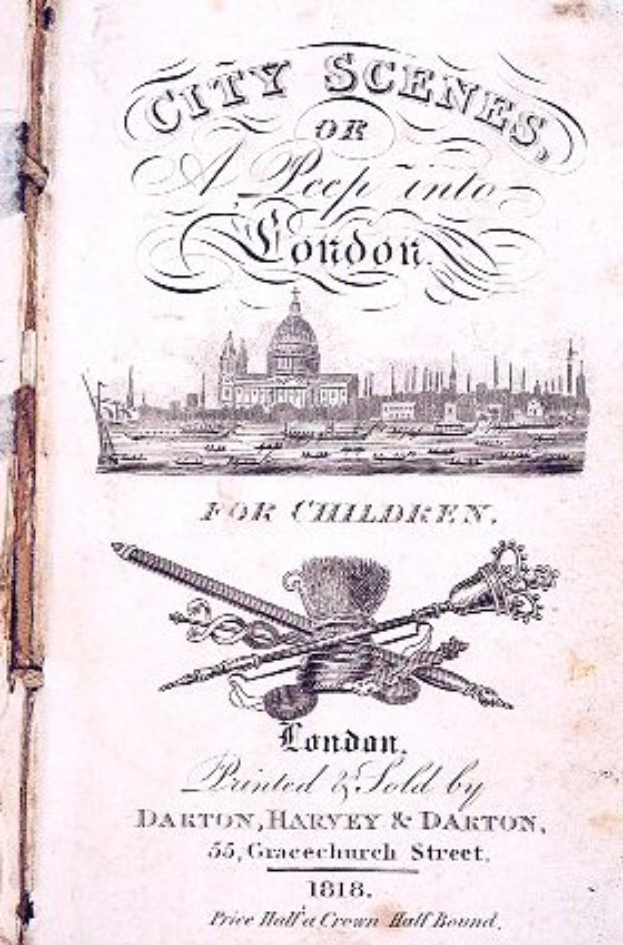 Altes Buch mit dem Titel "Stadtansichten oder ein Blick in London für Kinder" mit einer detaillierten Illustration eines lebhaften Stadtbilds auf dem Cover.