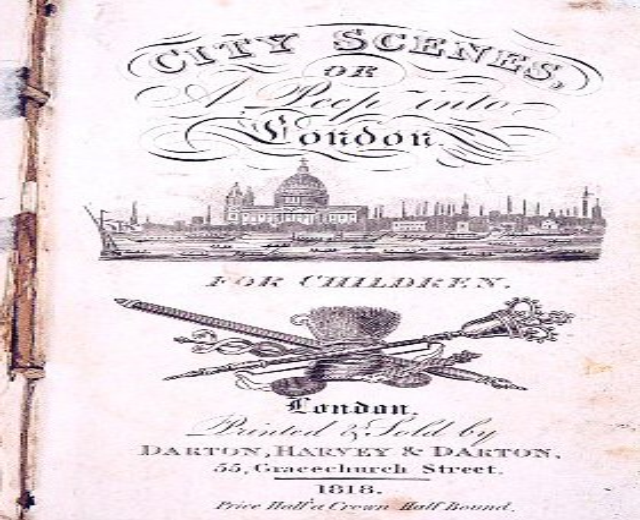 Altes Buch mit dem Titel "Stadtansichten oder ein Blick in London für Kinder" mit einer detaillierten Illustration eines lebhaften Stadtbilds auf dem Cover.