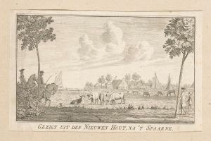 Eine Zeichnung einer Farm-Szene mit Kühen, die auf einer Wiese grasen, umgeben von Bäumen, Häusern und Menschen, unter einem bewölkten Himmel, mit Text unten.