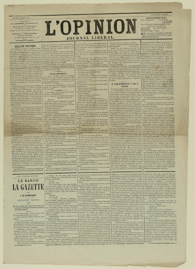 Alte Zeitungsvorderseite mit der Schlagzeile "L'opinion" in schwarzer Tinte auf vergilbtem Papier.