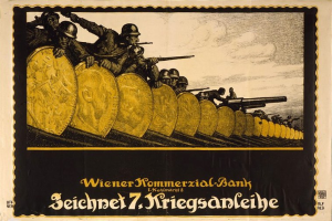 Deutsches Propagandaplakat aus dem Zweiten Weltkrieg, das Soldaten in Helmen mit Waffen zeigt, mit dem Text "Wiener Kommmerzial Bank" unten.
