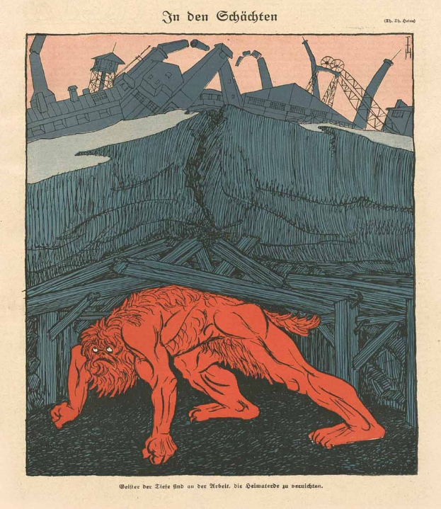 Illustration eines bedrohlichen Werwolfs in Kampfstellung vor einem schmutzigen Fabrikgelände unter einem tiefblauen Himmel, mit einem Plakat im Hintergrund, das den Werwolf und fetten Text zeigt.