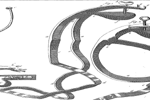 Eine Schwarz-Weiß-Zeichnung eines medizinischen Geräts mit einem Griff und einer Spule Faden, umgeben von einer Schlange mit nach vorne gerichtetem Kopf.