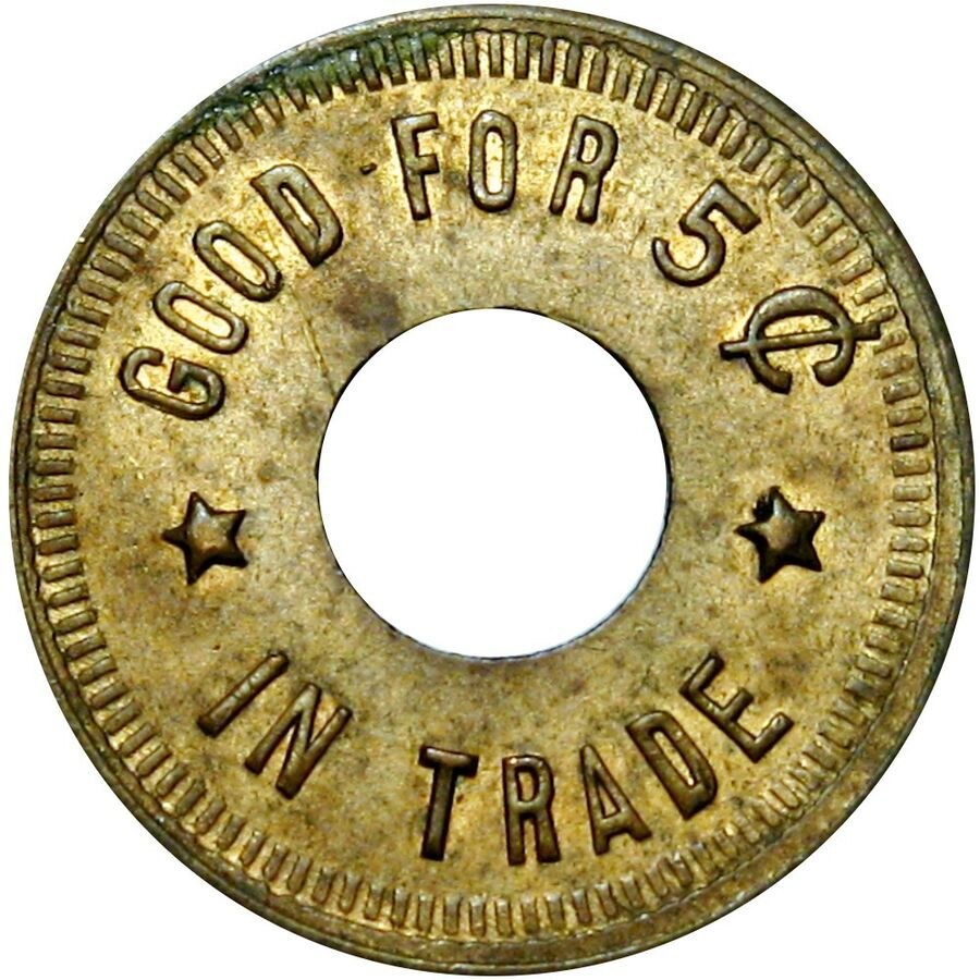 Goldmünze mit der Aufschrift "Gut für 5 im Handel" auf weißem Hintergrund.