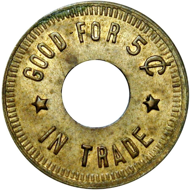Goldmünze mit der Aufschrift "Gut für 5 im Handel" auf weißem Hintergrund.