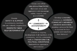 Ein Diagramm mit der Überschrift "Gemeinschaftliche Rechenschaftspflicht" mit einem zentralen Kreis, der durch Pfeile mit drei überlappenden Kreisen verbunden ist, alles in fetter Schrift auf einem hellen, leuchtenden Hintergrund.