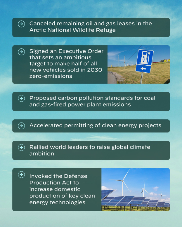 Plakat mit dem Text "Abgesagte verbleibende Öl- und Gasförderlizenzen im Arctic National Wildlife Refuge" mit Bildern von Solarpanelen und Windrädern vor einem wolkenverhangenen Himmel.