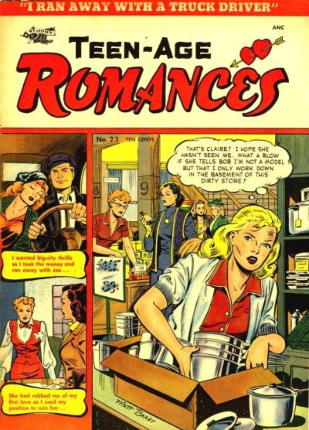 Ein buntes Plakat mit dem Titel 'Teen-Age Romances 23-A von DC', das eine Gruppe von Menschen in einer romantischen Umarmung zeigt.