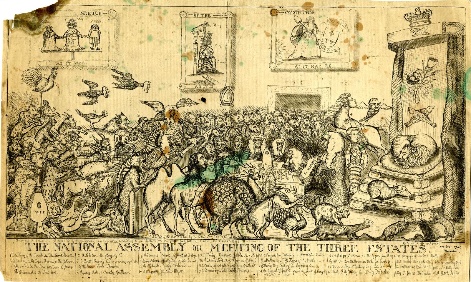Ein Blatt mit einer Zeichnung von Menschen, Tieren, Vögeln und Gegenständen, beschriftet mit "Die Nationalversammlung oder Versammlung der Drei Stände."