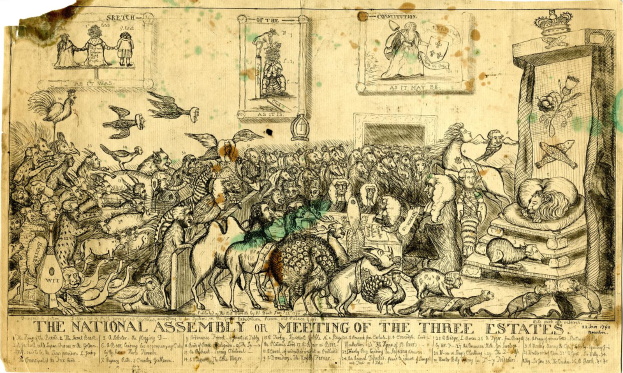 Ein Blatt mit einer Zeichnung von Menschen, Tieren, Vögeln und Gegenständen, beschriftet mit "Die Nationalversammlung oder Versammlung der Drei Stände."