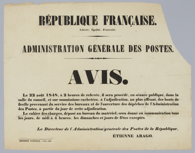 Papier mit dem Text "Administration Générale des Postes Avis"