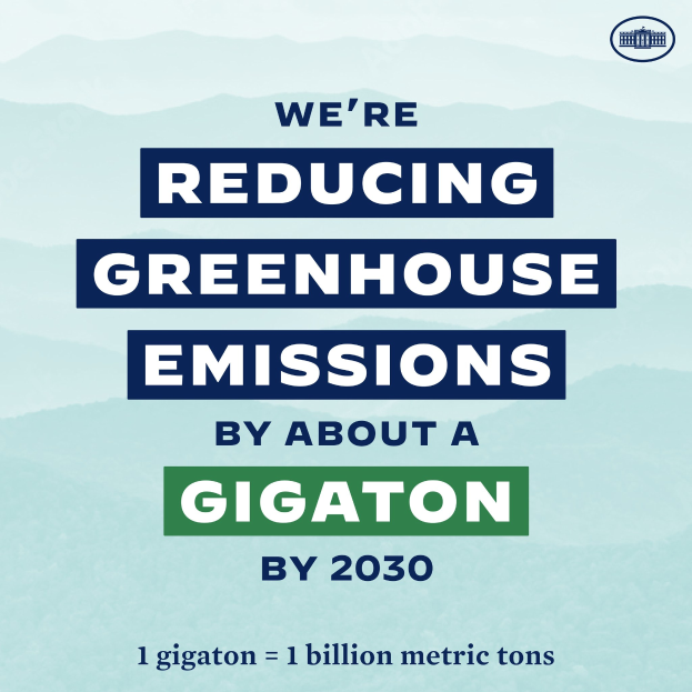 Plakat mit Text und Logo, das 'Wir reduzieren die Treibhausgasemissionen um etwa eine Gigatonne bis 2030' behauptet und für eine signifikante Reduzierung der Treibhausgase bis 2030 wirbt.